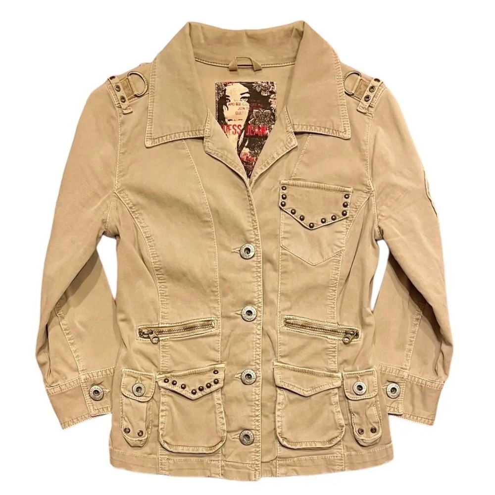Guess Jeans Utility Jacket Studded Cargo Military Hot Sand XS New‎ With Tags